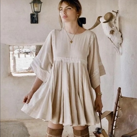 Spell & The Gypsy tan Cotton Lace Trim Dress S - Picture 3 of 8